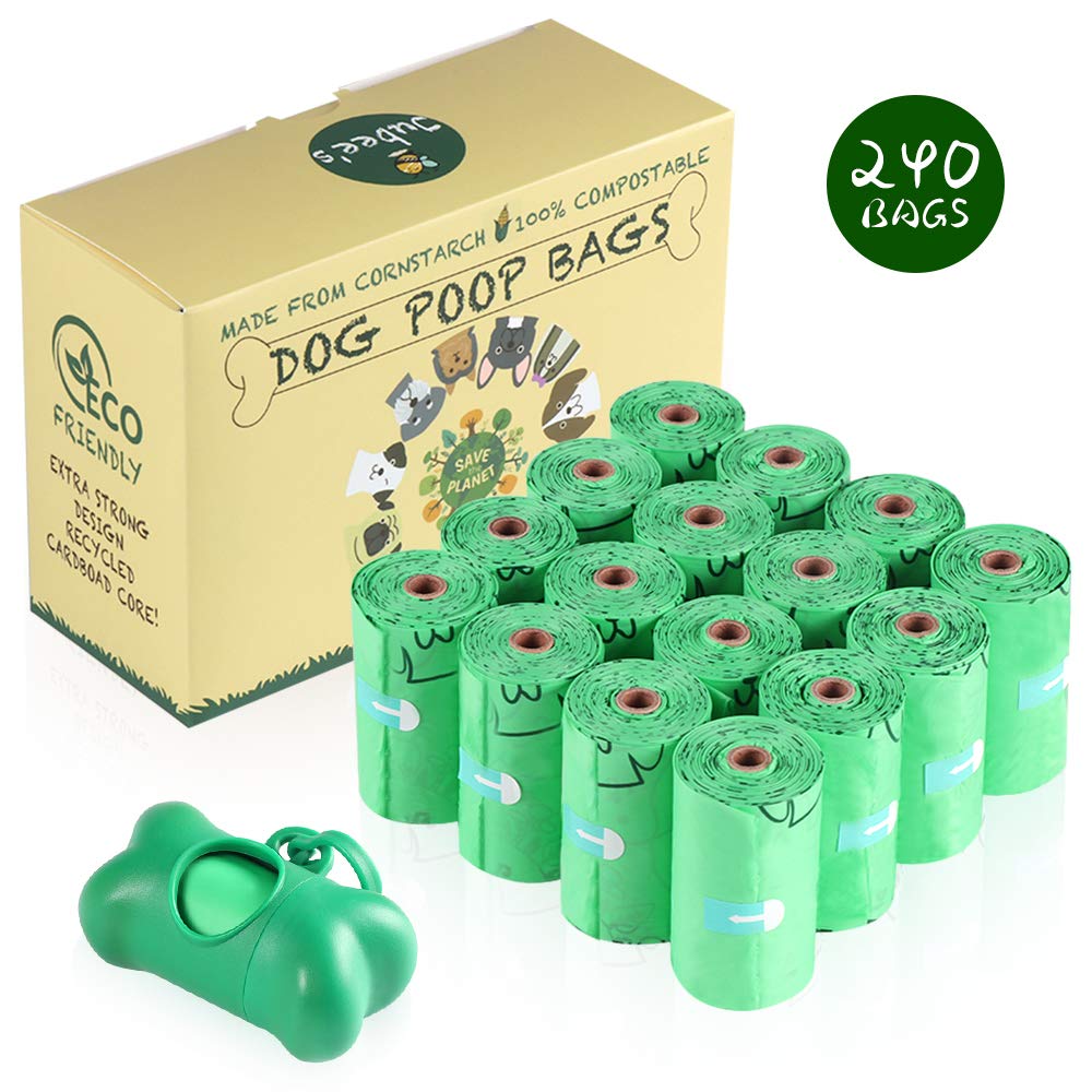 Jubee's Dog Poop Bags, Pet Waste Bags, 240 Bags, 100% Made from Cornstarch, 100% Compostable and Biodegradable, 100% Eco-Friendly & Earth-Friendly, Guaranteed Leak-Proof, One FREE Dispenser Included