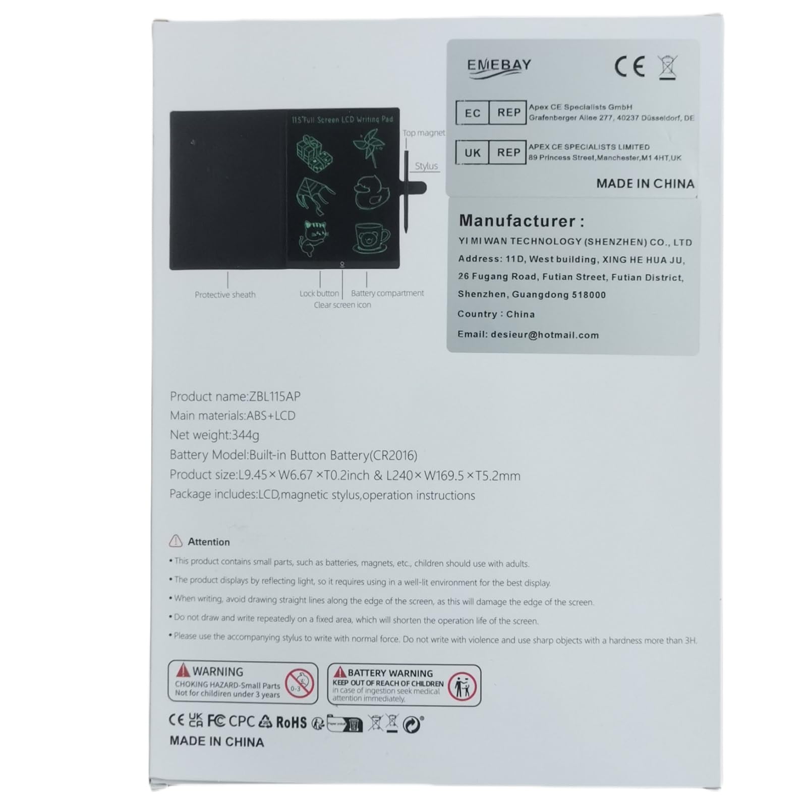 EMEBAY Tablette d'écriture LCD 11,5" Ultra Mince 3.2 mm Bloc-Notes numérique effaçable