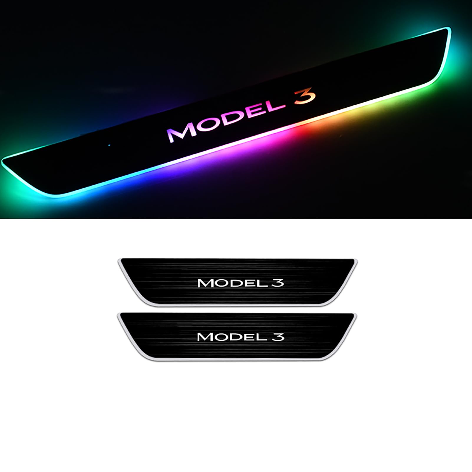 Door Sills with LED Lights for Tesla Model Y/3 Car Door Sill Protector Led Door Sills for Tesla Y&3 Car Threshold Lights RGB Car Door Pedal Lamp Welcome Scuff Plate Pedal Light (2PCS Rear, Model 3)