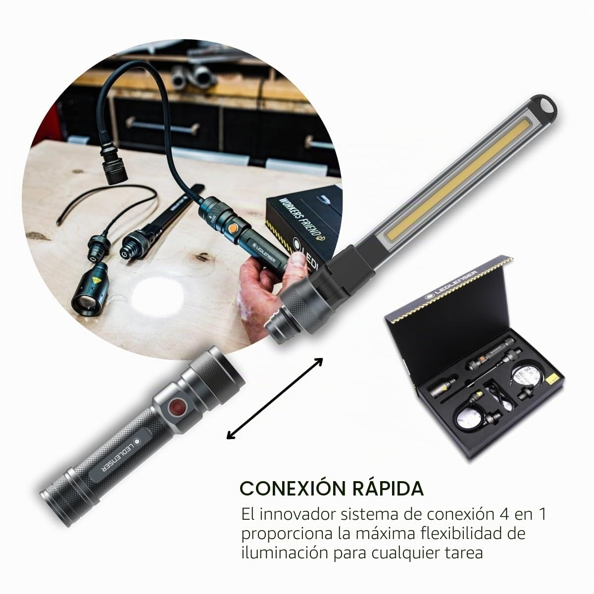 Ledlenser Workers Friend Rechargeable 4-1 Quick Connect Portable Work Light | 280lm, 4 accesorios, lámpara de inspección ajustable, hasta 5,5h de autonomía, magnética y flexible, uso profesional