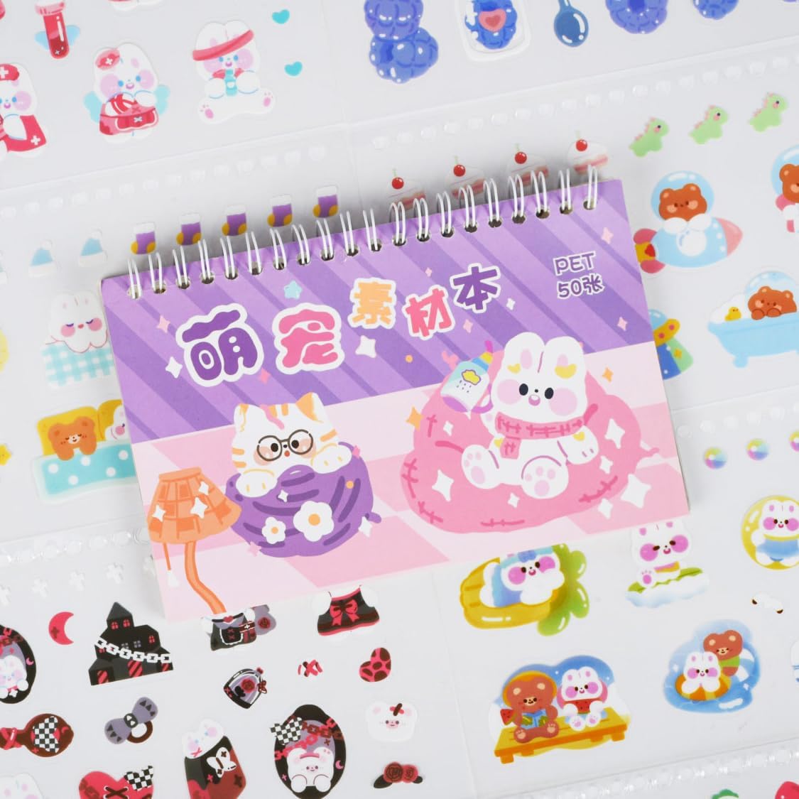 Cute Cartoon Bear Rabbit Stickers - 50 Sheets Kawaii Coil Sticker Book PET Transparent Bunny Journaling Scrapbook Clipping Supplies Decals Material for Planner Bullet Album Calendar Kids DIY Crafts