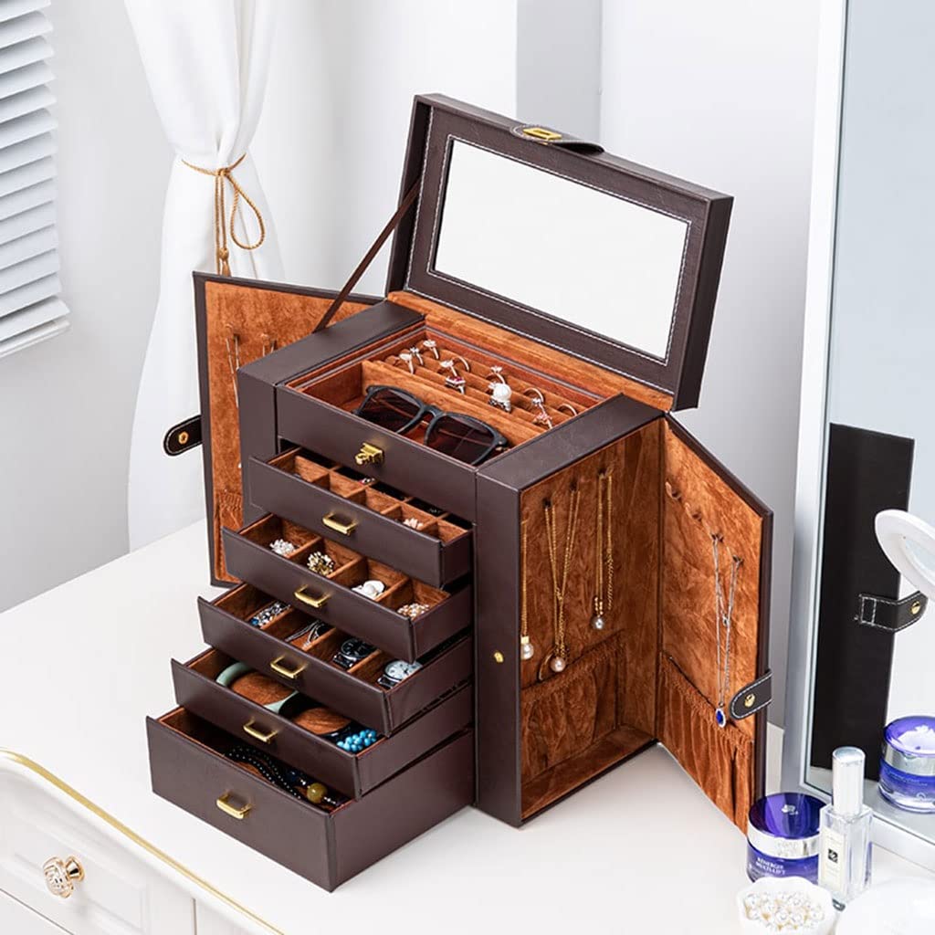 Schmuckbox Schmuckkästchen Schmuckschatulle Große Schmuckkiste 6-Schicht mit 5 Schubladen Pu. Leder Schmuck Organizer Lagerung mit Spiegelschmuck Fall for Frauen Mädchen Geschenk Schmuckkasten Schmuck