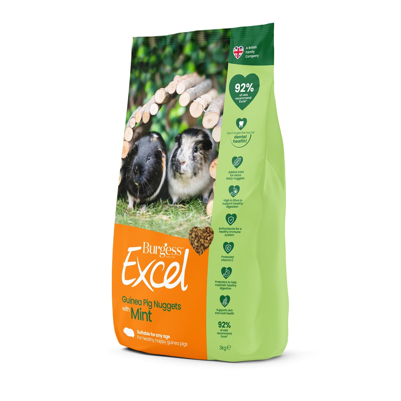 Excel Guinea Pig Food, Green, 3 kg (Pack of 1)