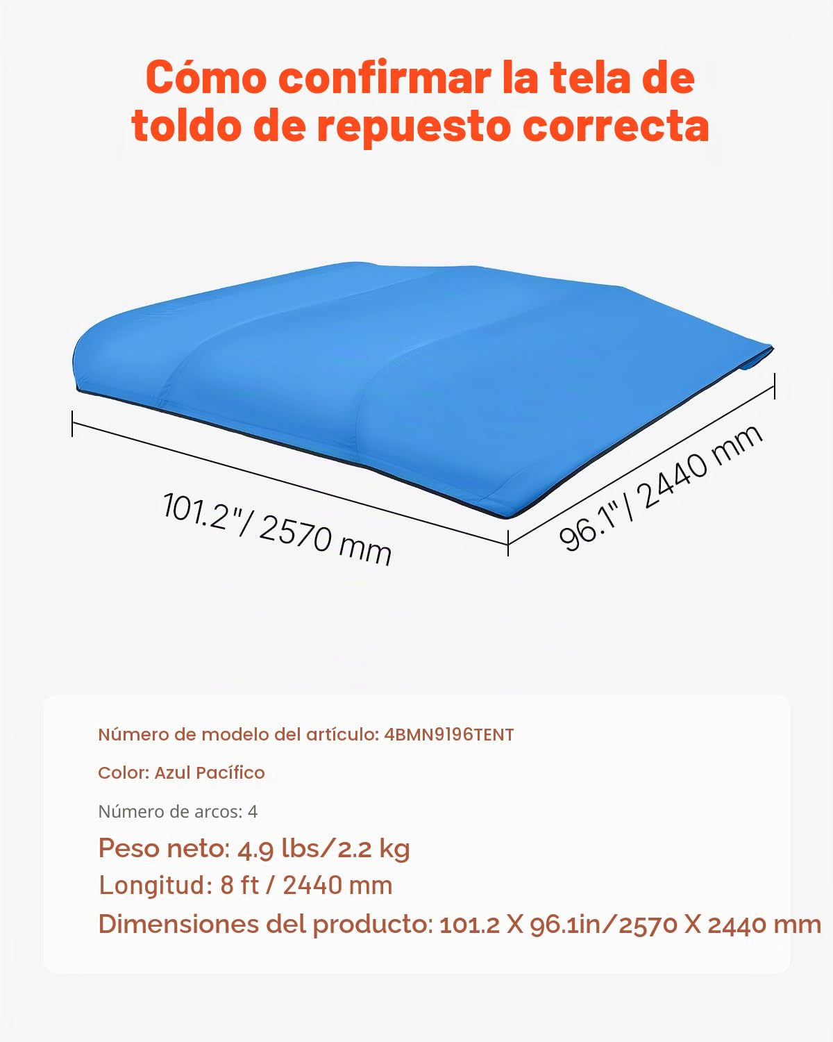 VEVOR Toldo Bimini Plegable para Barco de 4 Arcos, Poliéster 600D, Impermeable y con Protección Solar, con Bolsa de Almacenamiento, Resistente al Viento y Desgarro, 244 x 230 cm, Azul Pacífico