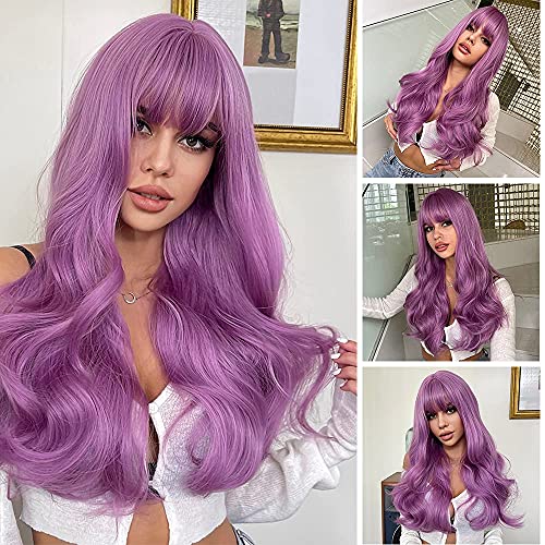 Aisi Queens Purple Wigs For Women Long Purple Wig With Bangs Purple Wigs Purple Wavy Wigs Purple Synthetic Heat Resistant Wigs For Halloween Cosplay Daily Party Wig（26Inch,Purple） #TOP3