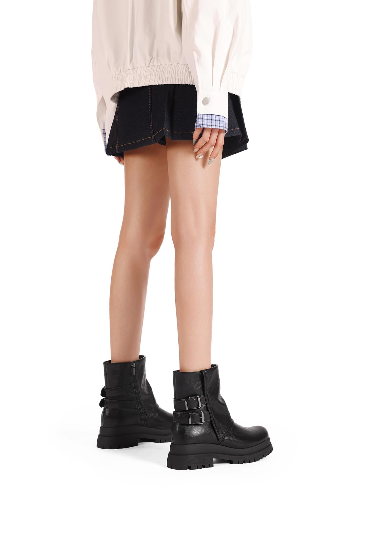 QUEEN HELENA Stivaletti Biker Stivali Bassi con Doppia Fibbia Donna X33-96