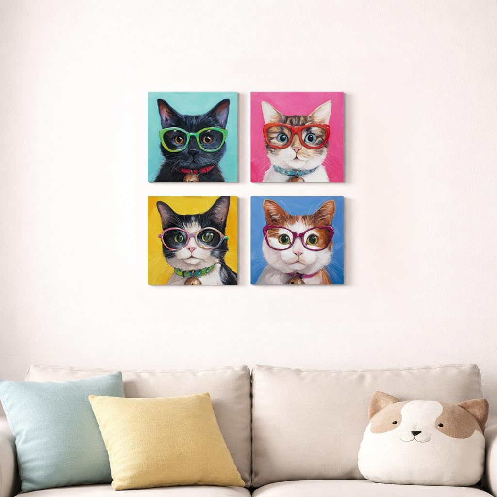 Artiluxy Cute Cat Canvas Wall Art Set of 4, 12x16 Inch Colorful Cat Portrait Prints with Glasses, Funny Pet Wall Decor for Living Room Bedroom, Ready to Hang (Green)