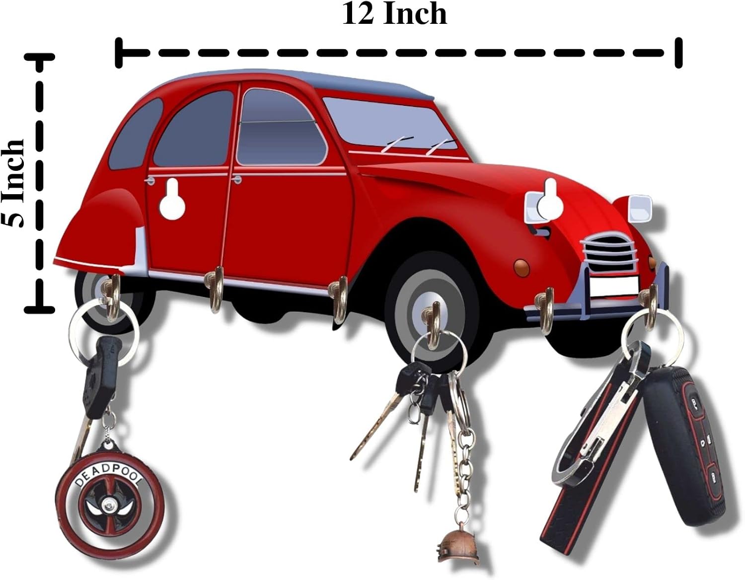Webelkart Premium HD UV Printed Retro Small Car Shaped Keys Wooden Key Holder (12 Inch x 5 Inch, Wood, Multicolor)- 6 Hooks