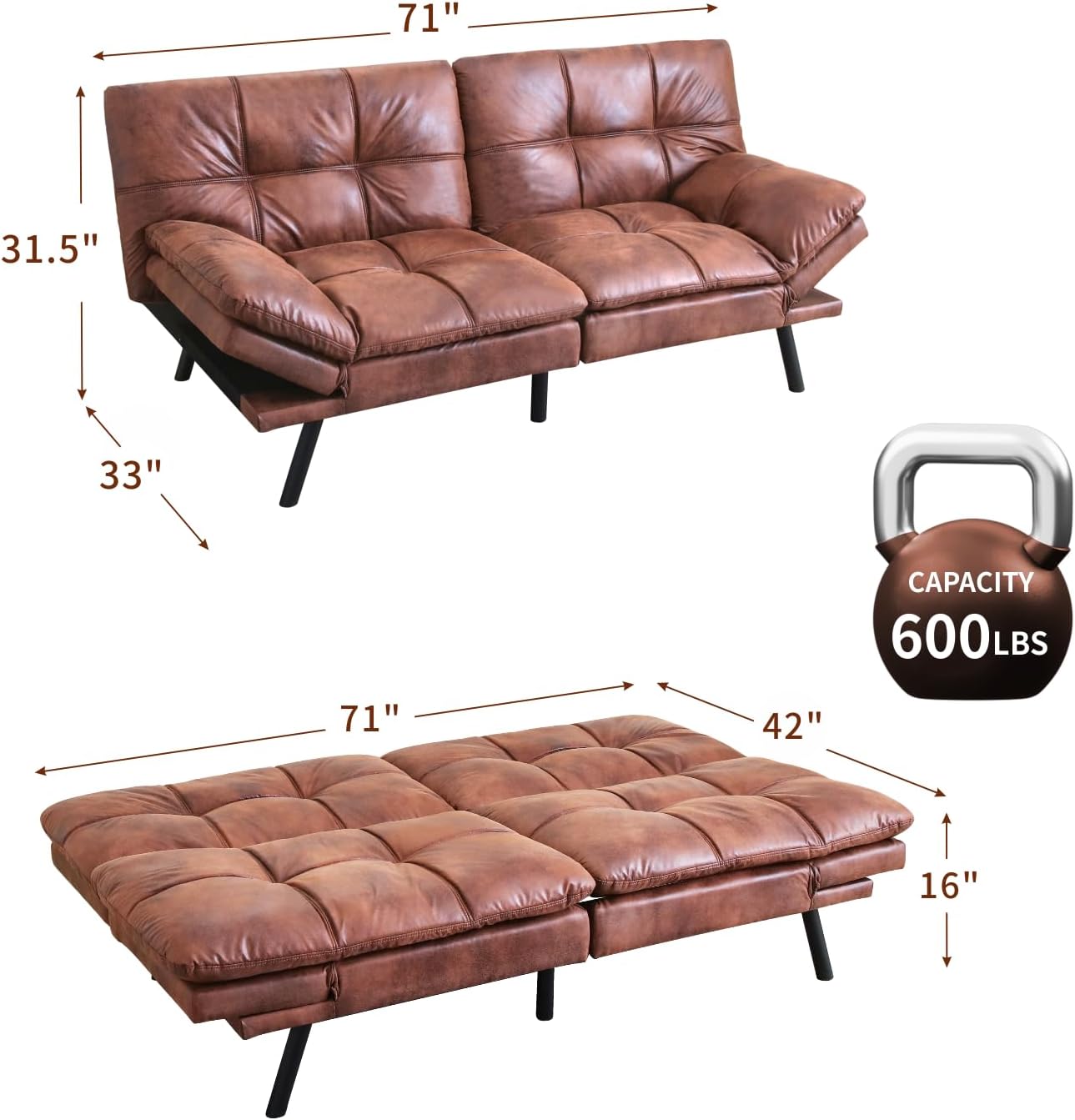 MUUEGM Futon Couch Bed, Convertible Modern Sofa Bed, Memory Foam Love Seat Daybed Sofa Couches for Living Room, Office, 71", Adjustable Backrests Armrests Couch Bed Sleeper.Brown,Leather.