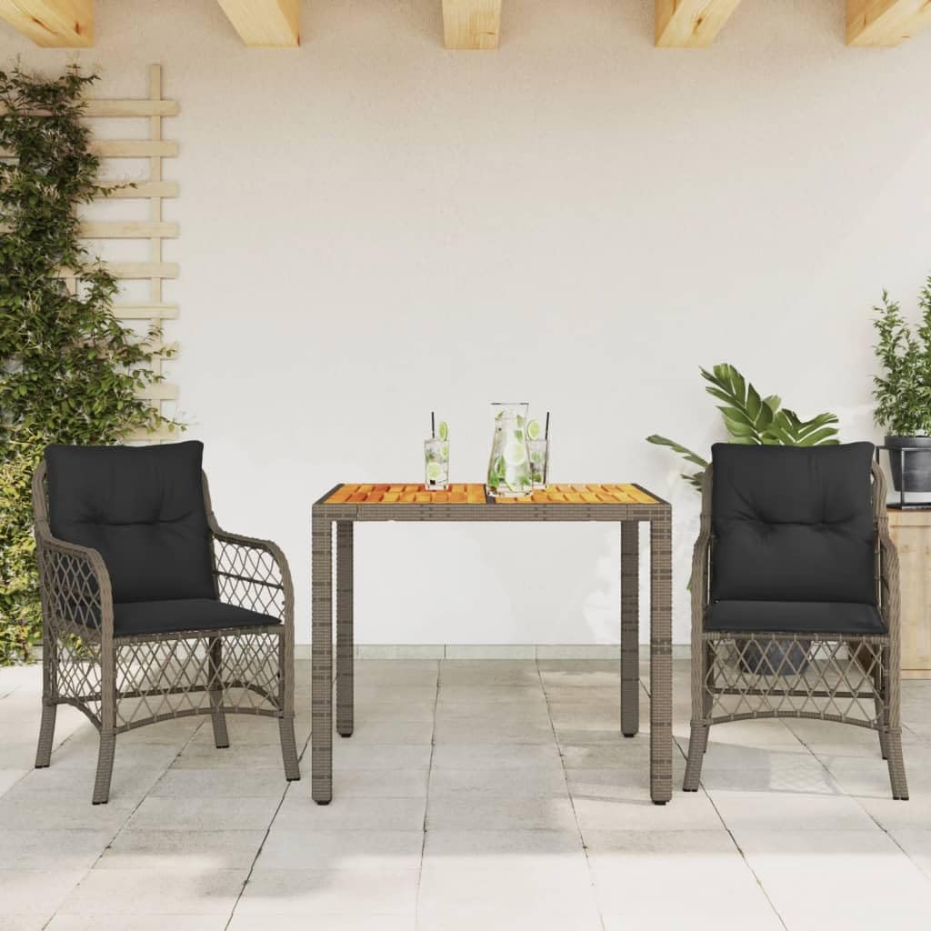 Set da 3 pezzi da bistrot con cuscino, grigio, in polyrattan, set da giardino per esterni, per balcone, terrazza, patio, durevole, resistente alle intemperie