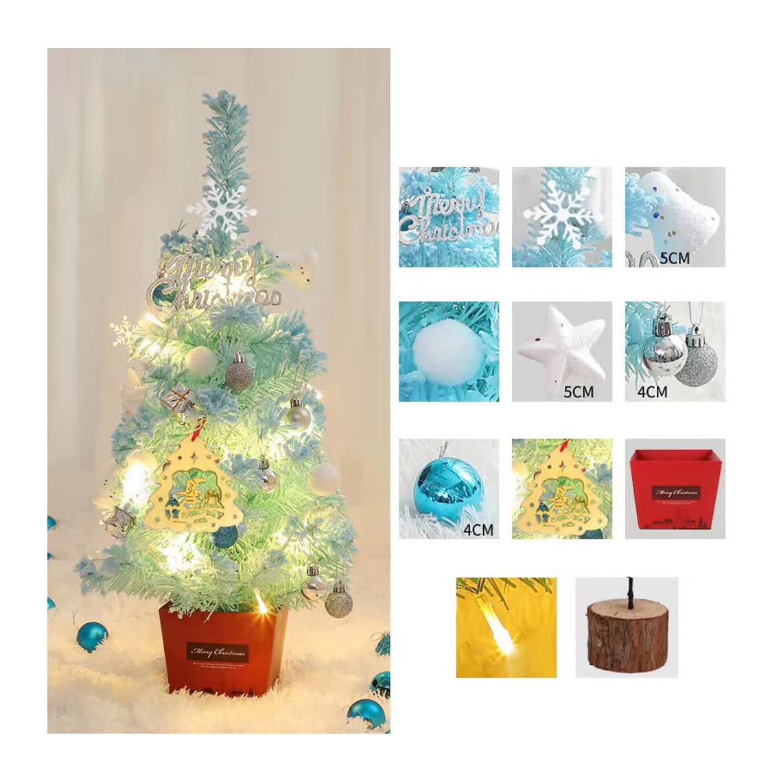 AUTOYSUR 20" Tabletop Mini Christmas Tree Set with LED Lights, Star Treetop,Ornaments Balls,Bells and Pine Cones,Best DIY Christmas Decorations Gold (Blue)