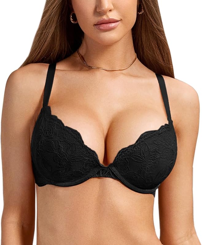 DOBREVA Women's Lace Push Up Bra Underwire Plunge | Floral Lace, Padded, Deep V, Full Coverage, Plus Size, Support, Sexy, Everyday, Date