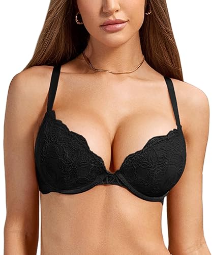 DOBREVA Women's Push Up Lace Bra Underwire Plunge Full Coverage Bras Sexy Plus Size Support - 36DD - Black