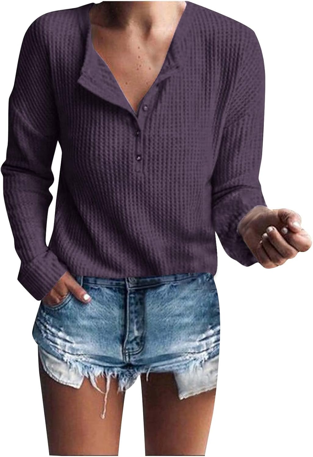 Damen Pullover Leicht Strick - Langarm Henley Knöpfe - Baumwollmix - Für Herbst & Alltag