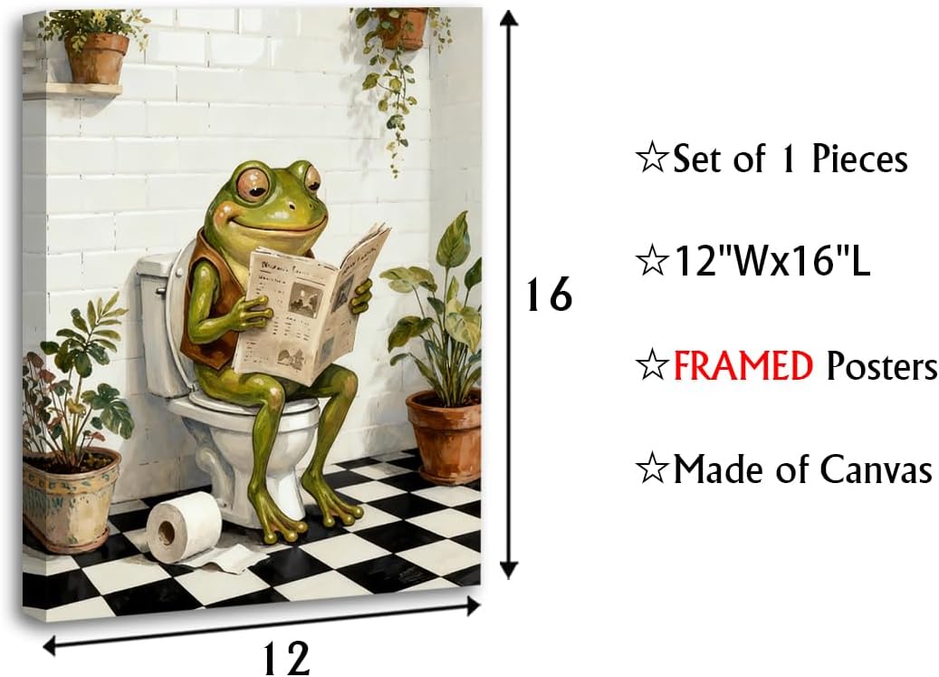 Funny Frog Bathroom Wall Art Prints,Bathroom Decor Wall Art Frog on Toilet Reading Newspaper Canvas Painting,Framed Animal Art Pictures For Bathroom Washroom Restroom Decor(12"X16")