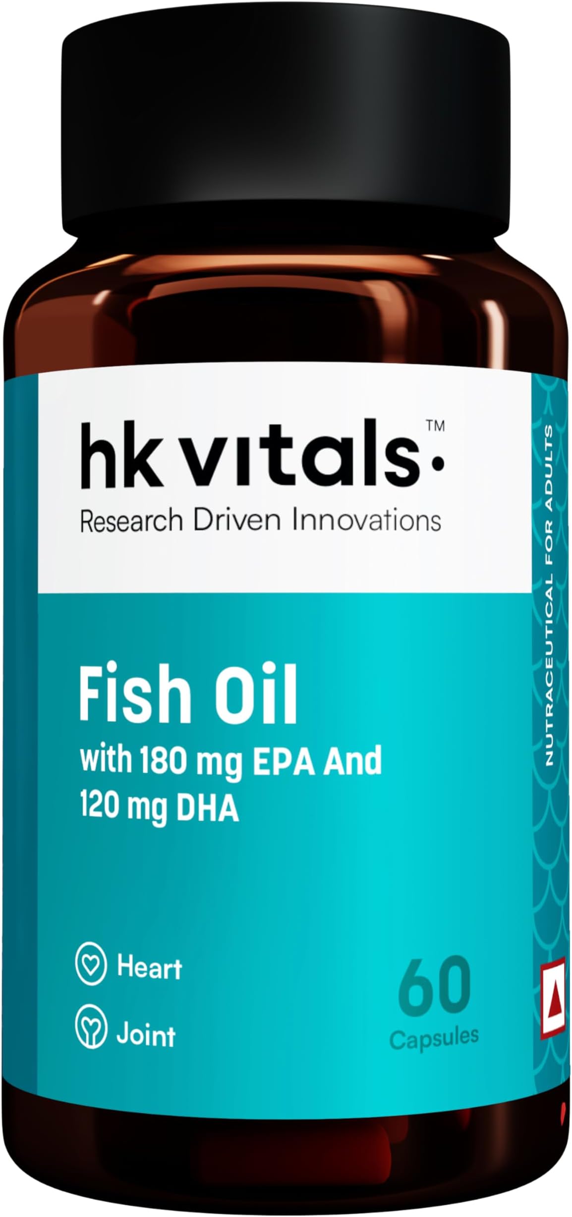 HealthKart hk vitals Fish Oil Capsule For Men And Women, 60 Omega 3 Fish Oil Capsules (1000mg Omega 3 with 180 mg EPA & 120 mg DHA), for Brain, Heart, Eyes, and Joints Health