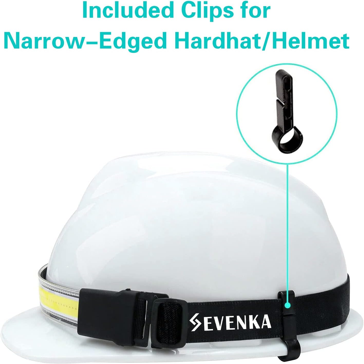 Hard hat with SEVENKA headlamp attached using clips.