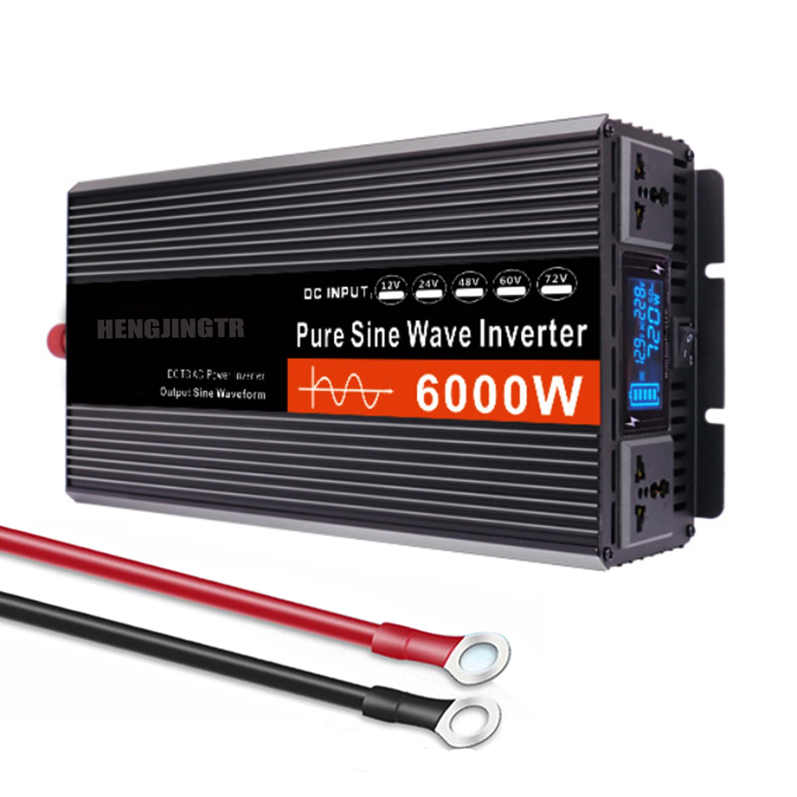 Falownik sinusoidalny o mocy 6000 W, 12 V, 24 V, 48 V, 60 V, 72 V, DC, 110 V, 230 V, z wyświetlaczem LCD i 2 gniazdami prądu przemiennego