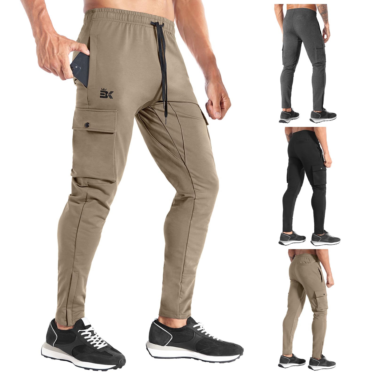 BROKIGMens Cargo Gym Jogger Trousers, Running Tracksuit Bottoms, Sport Workout Sweatpants with Pockets