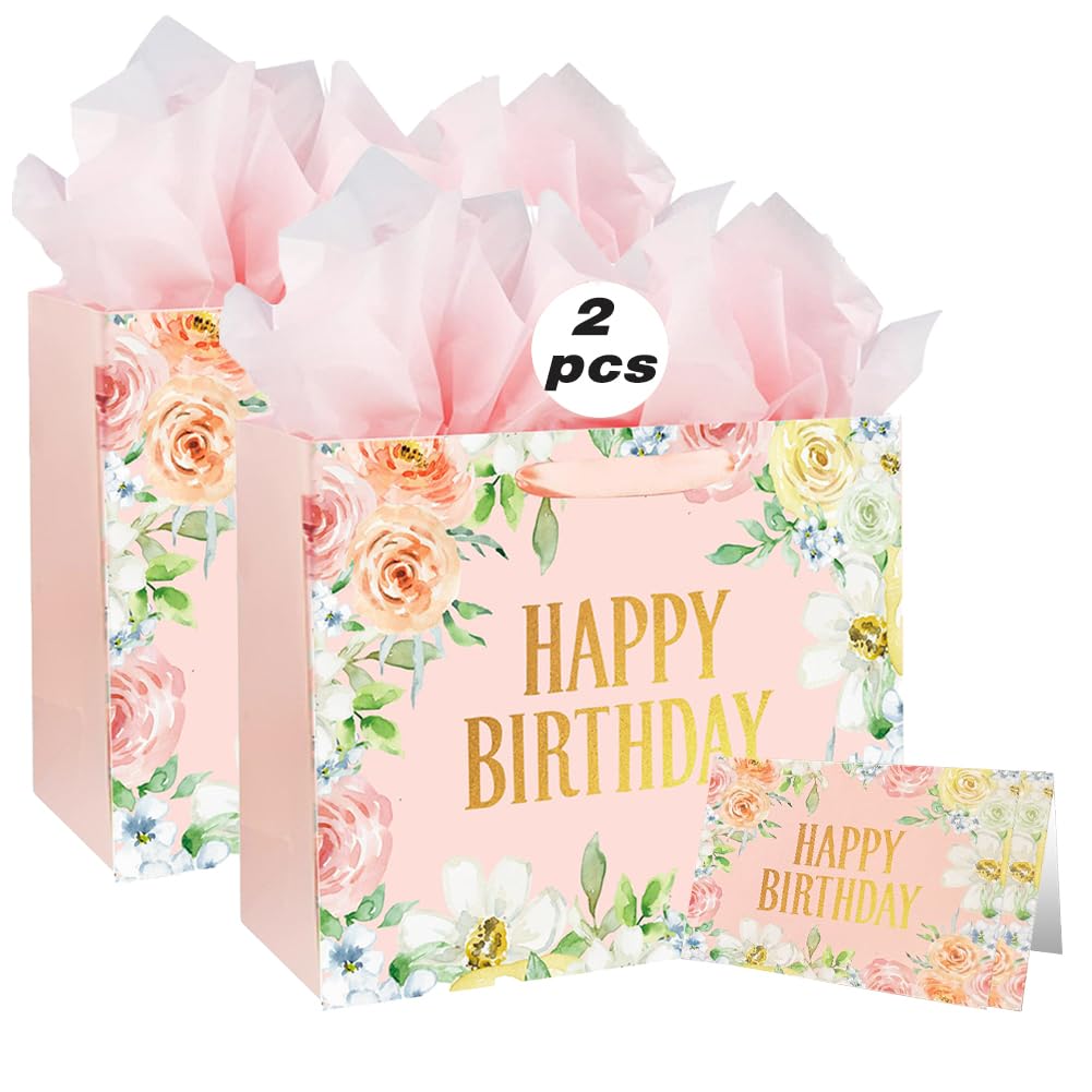 Gift Bag, 2 PCS Large Gift Bag Happy Birthday Gift Bags for Presents with 3 Tissue Paper and 1 Greeting Card for Women Men Kids Birthday (Pink Floral) — image 1