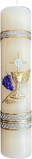San Rafael Arcangel First Communion Candle with The Symbols of Wheat and Wine Vela de Primera Comunion con Los Simbolos Catolicos de Jesus y su Cuerpo y Sangre 8 inch