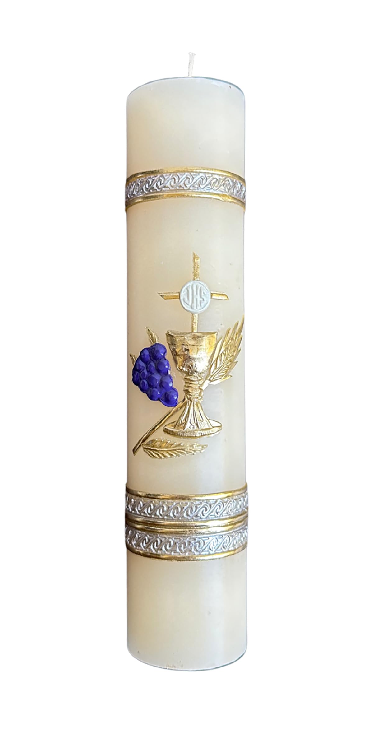 San Rafael Arcangel First Communion Candle with The Symbols of Wheat and Wine Vela de Primera Comunion con Los Simbolos Catolicos de Jesus y su Cuerpo y Sangre 8 inch