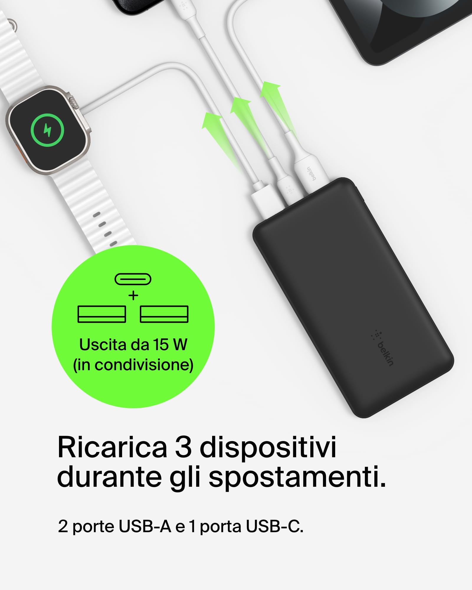 Belkin Caricabatterie portatile USB-C 20K, power bank 20000mAh con ingresso/uscita Type-C, 2 porte USB-A e cavo da USB-C a USB-A incluso per iPhone, Galaxy, iPad, Pixel, AirPods - Nero
