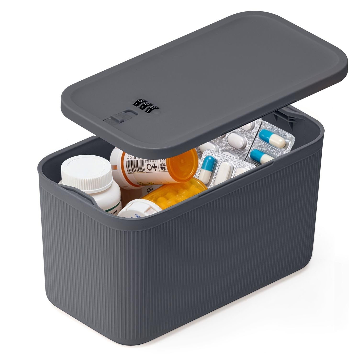 SANIDIKA Lockable Storage Box, Locking Medicine Box, Cell Phone Locked Jail, Food Medical Lockbox, Containers Bin for Personal Refrigerator Home Office Organization Travel Farther Gift (Navy Plus)