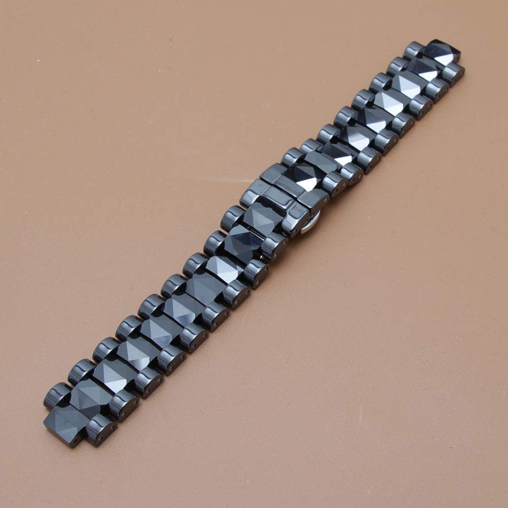 Men Size 19mm Lug 10mm New Black Ceramic Watch Band Strap Bracelet Silver Deployment Steel Clasp for Diamond Watch (19mm Lug 10mm)