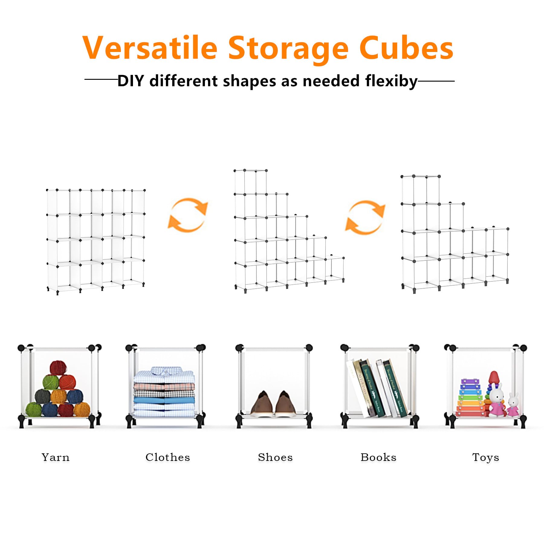 AWTATOS Cubo organizador de almacenamiento modular de 16 cubos, estantería de plástico DIY para armario, estantes de almacenamiento con mazo de madera, solución ideal de almacenamiento para el hogar,