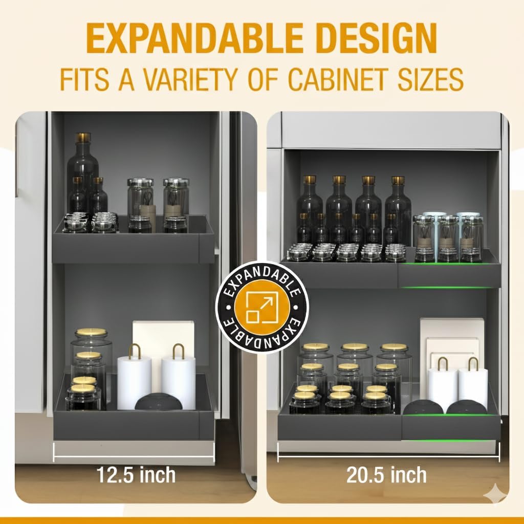 Expandable Pull Out Drawers for Cabinets (Gray): Kitchen and Pantry Organizer, Sliding Cabinet Organizer with Adhesive, Under Sink and Pots Storage, 12.5"-20.5". Adjustable Shelf Solution