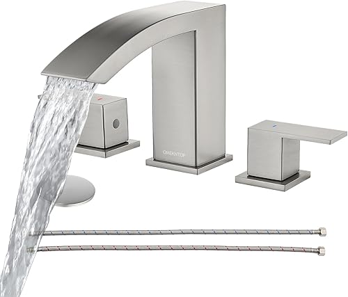 Miniatura 10 de OMEKNTOP Grifo de baño de níquel cepillado, 8 pulgadas, cascada, grifo de lavabo de 3 agujeros, grifo de baño con drenaje desplegable y manguera,