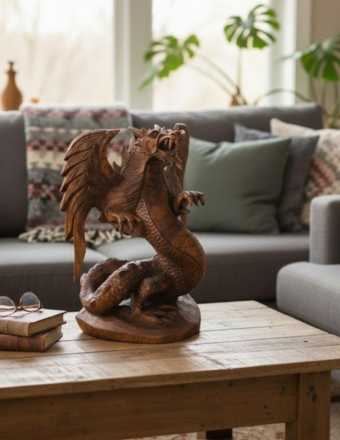 Statue Dragon Ailé en Bois sculpté Main 30cm