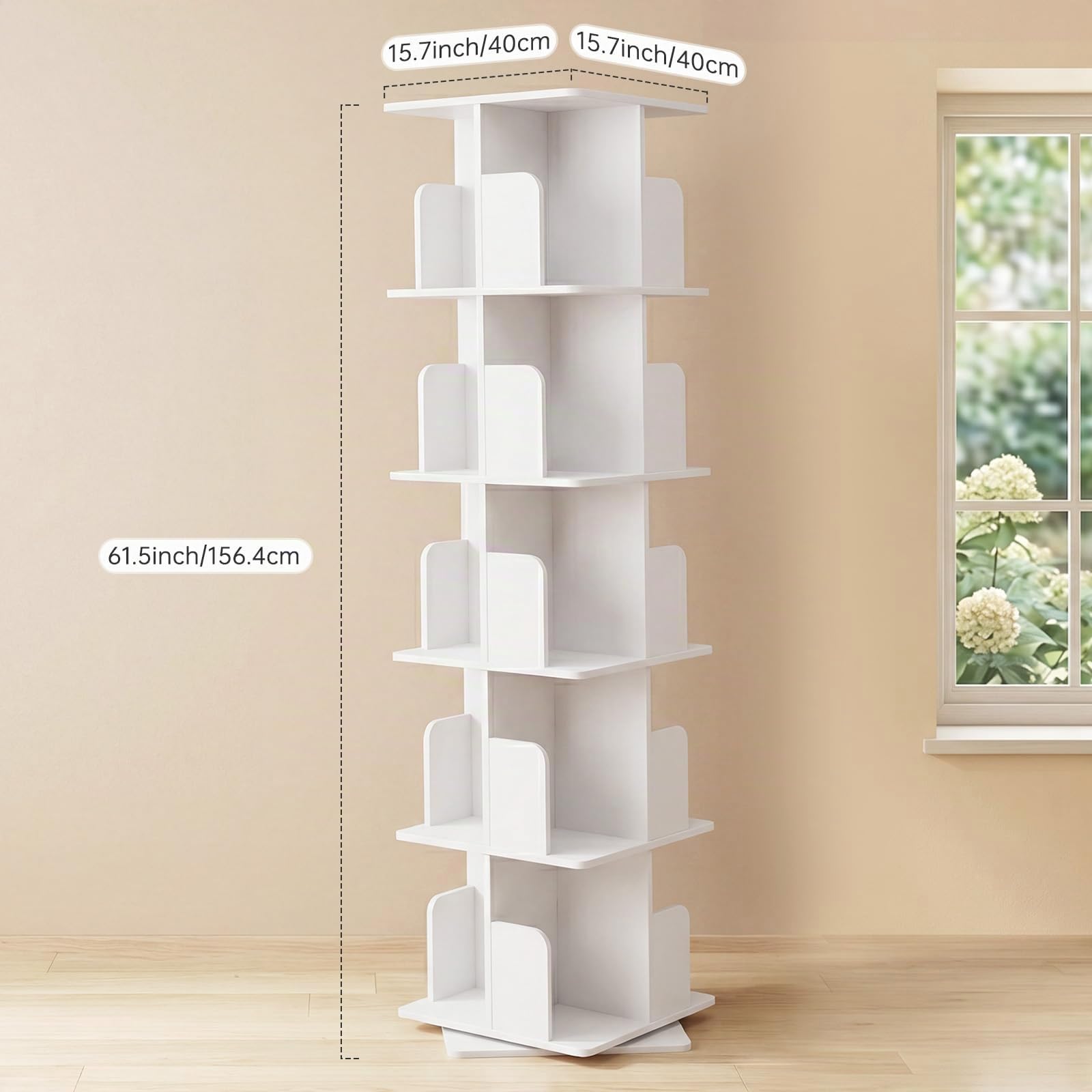 Drehbares Bücherregal 360° Frei, Bücherregal Drehbar Weiß, Bücherregal Kinder, für Wohnzimmer, Arbeitszimmer, Büro, als Raumteiler, 5 Ebenen