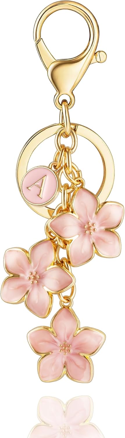 XGALBLA White/Pink/Black Big Cute Flower Initial Letter Keychain for Women, Flower Bag Charms Enameled Keychain Handbag Purse