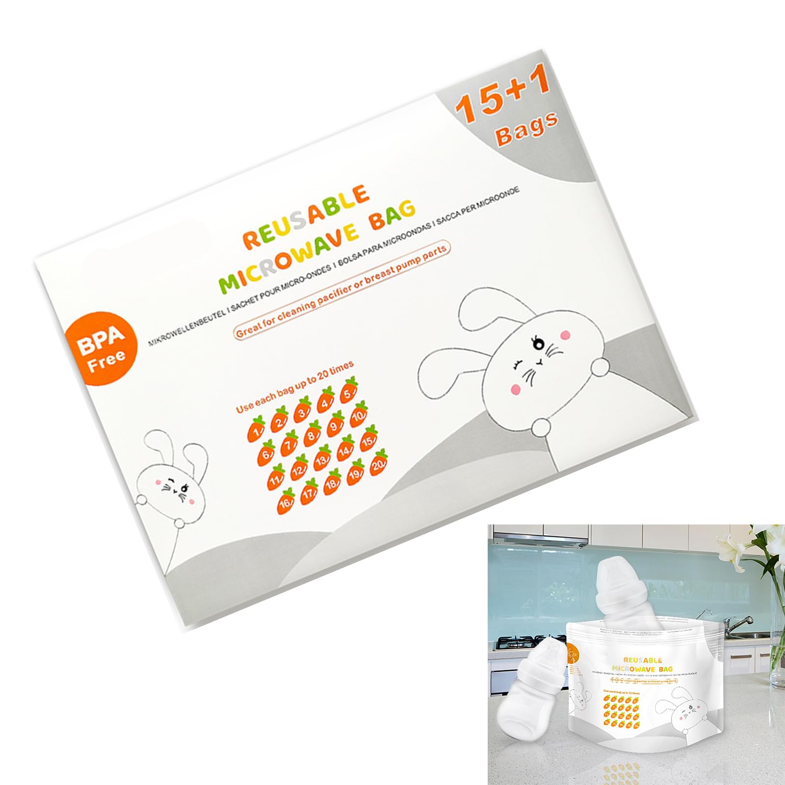 16/42 bolsas de limpieza, reutilizables, bolsas de esterilización de vapor para microondas para extractor de leche/biberón, 20 veces/hoja, solución de esterilizador portátil