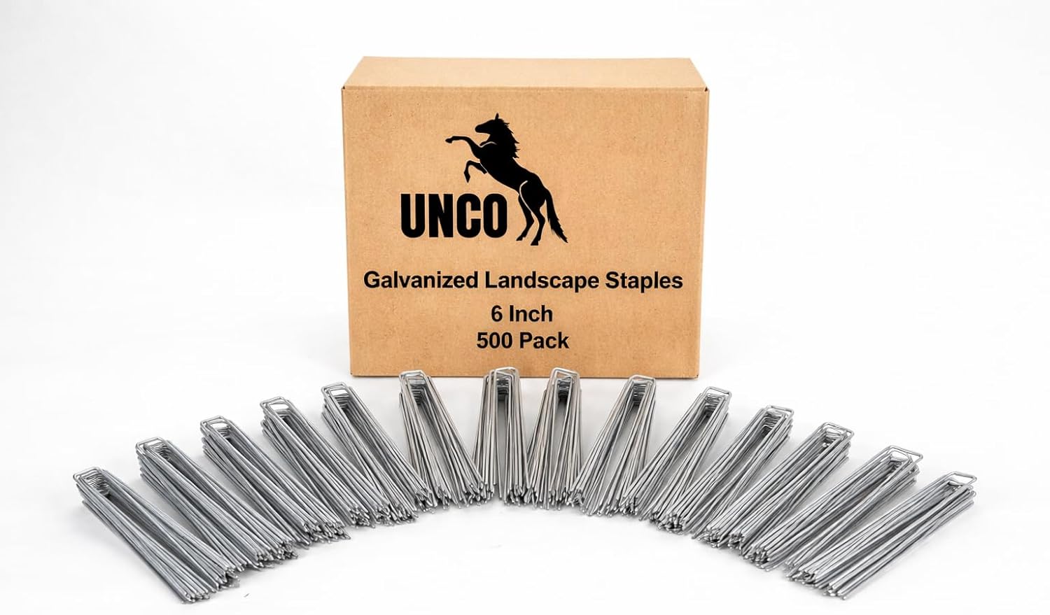 UNCO- Galvanized Landscape Staples, 6 Inch, 500 Pack, Garden Staples, U-Shaped Landscape Pins for Weed Barrier Cover, Ground Cover