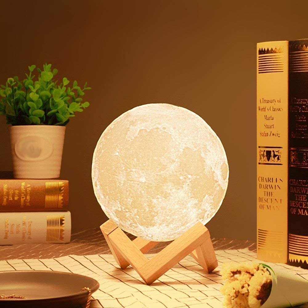 FRESTYQUE 3D Moon Lamp 7 Colors Changing Touch Sensor Moon Night Light Lamp with Wooden Stand (15 cm, Multicolour)