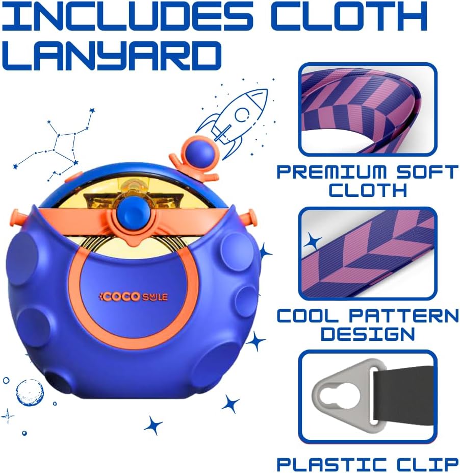 Astronaut Round Kids Water Bottle with Removable Sleeve - Easy Open Button, Carrying Lanyard - Tritan Plastic Water Bottle Ideal for School Boys Girls, BPA Free Kids Cup (With Straw)