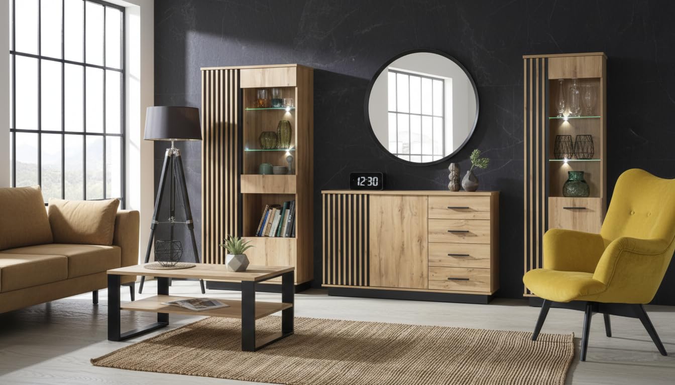 MINIO go for it - Kommode Lamia 6, Sideboard 141cm Breit mit Schubladen | Farbe: Wotan Eiche / Schwarz Matt
