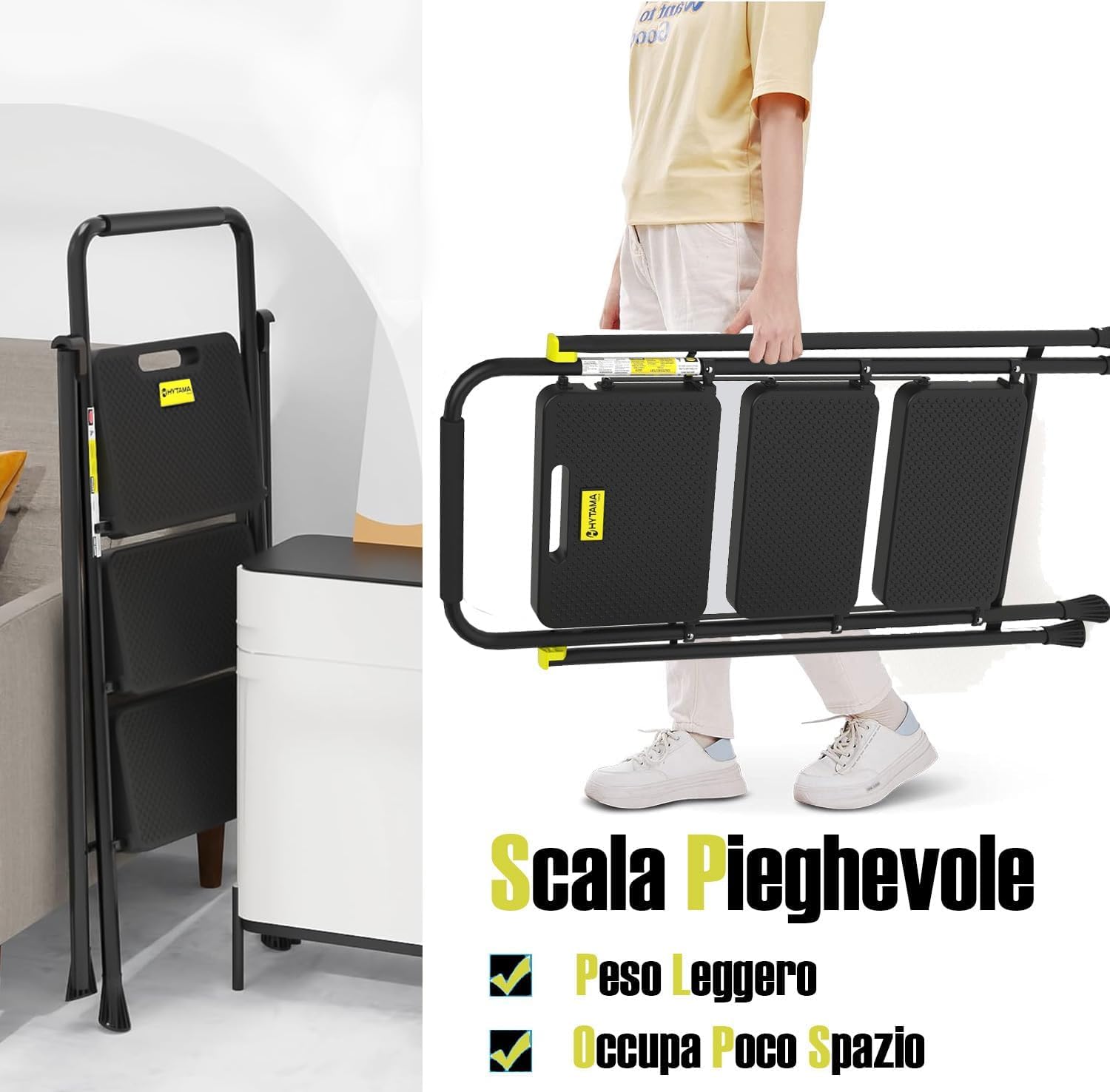 HYTAMA Scala Scaletta Pieghevole 3 Gradini Nero con Piedini Antiscivolo, Struttura in Acciaio, Impugnatura in Spugna, Leggera, Multiuso, Certificata EN14183 testata fino a 250Kg
