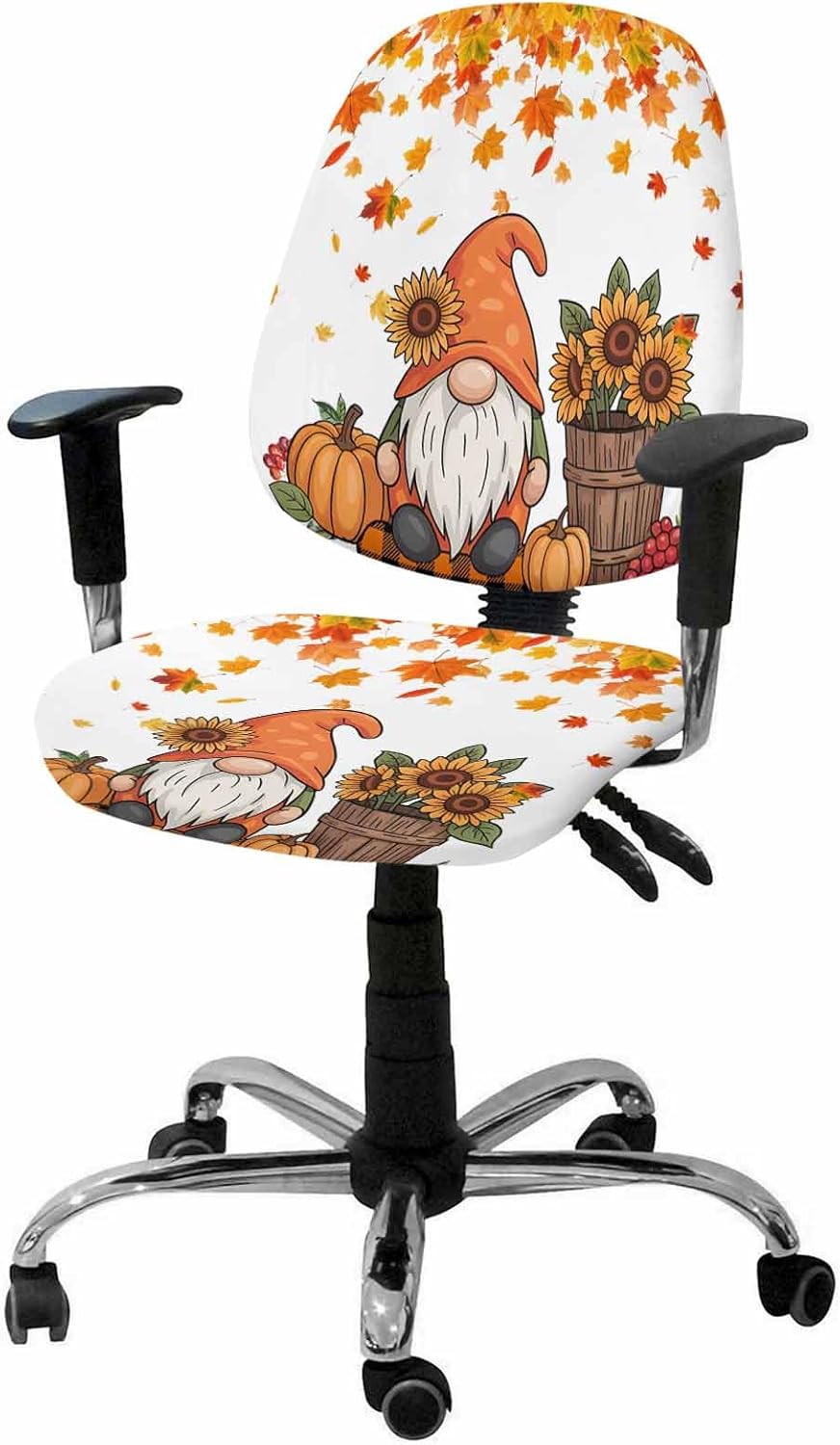 Thanksgiving Gnomes Office Chair Cover 2 Piece, Fall Sunflower Maple Leaf Pumpkin Stretch Elastic Computer Desk Rotating Chair Seat Back Covers Stretchable Decorative Slipcover Protectors