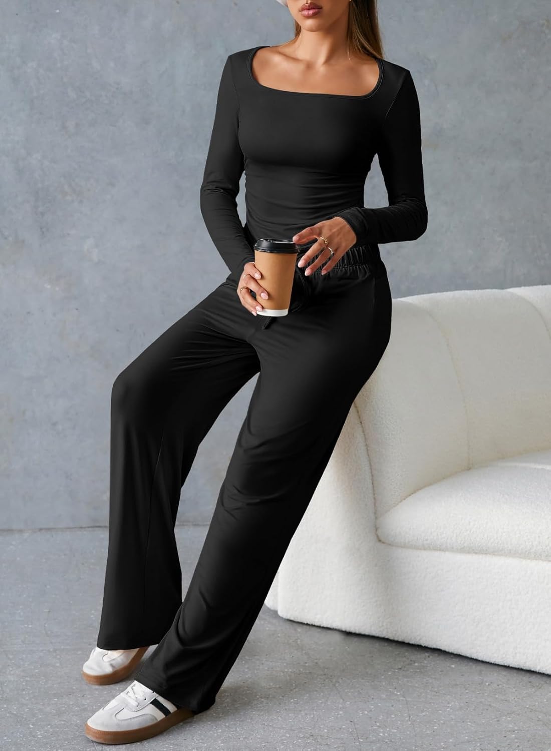 Herseas Women's 2 Piece Outfits Long Sleeve Square Neck Crop Tops Wide Leg Tracksuits Casual Lounge Set - Image 3