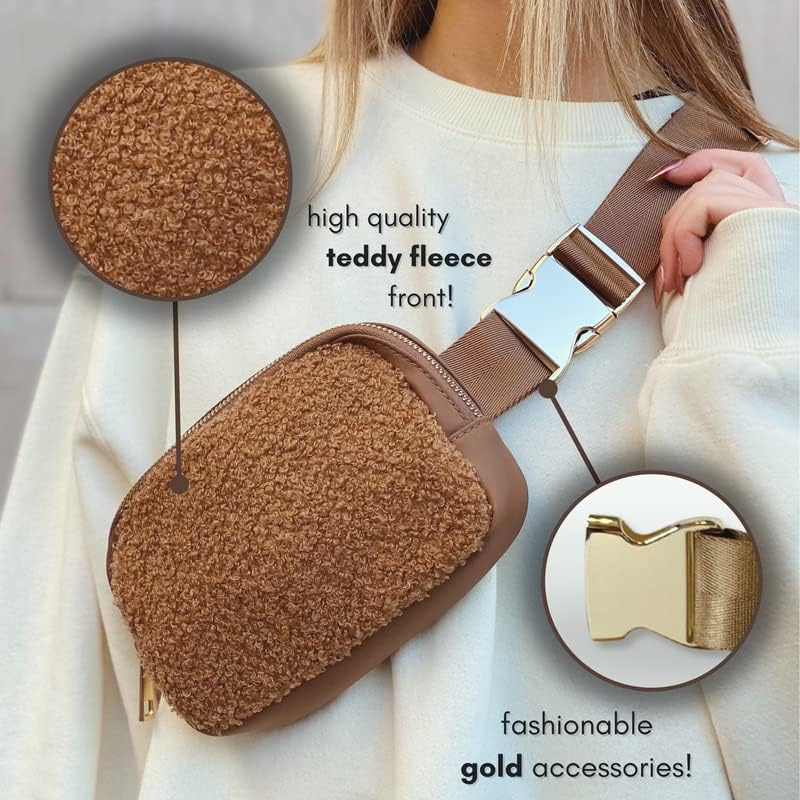 Boutique Fleece Belt Bag | Sherpa Crossbody Fanny Pack for Women Fashionable | Cute Mini Everywhere Bum Hip Waist Pack | Small Fashion Travel Chest Bag | Gold Accessories | Adjustable Small Strap | Caramel - Image 2