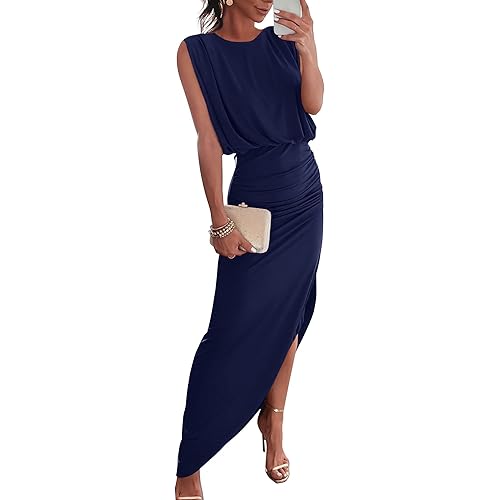 BTFBM Women Sleeveless Ruched Bodycon Dress 2023 Summer High Waist Asymmetrical Slit Formal Party Cocktail Maxi Dresses
