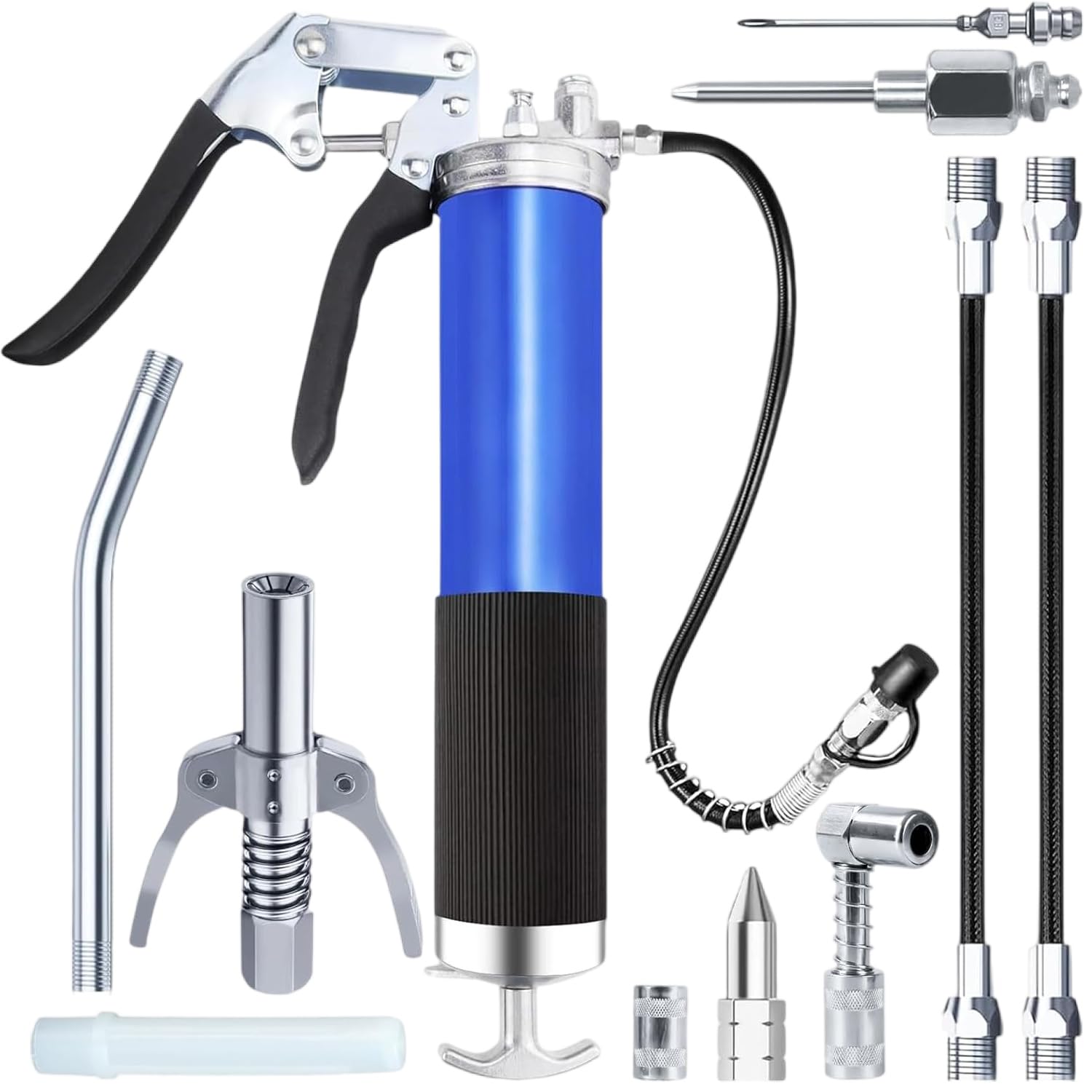 Grease Gun Kit, Heavy Duty Pistol Grip Grease Gun with Flex Hose, Quick Locking Coupler, Sharp Nozzle