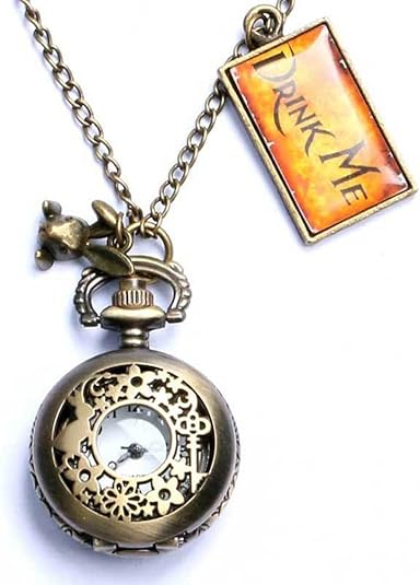 Vintage Drink Me Pocket Watch Necklace Quartz Watch Alice in Wonderland Rabbit