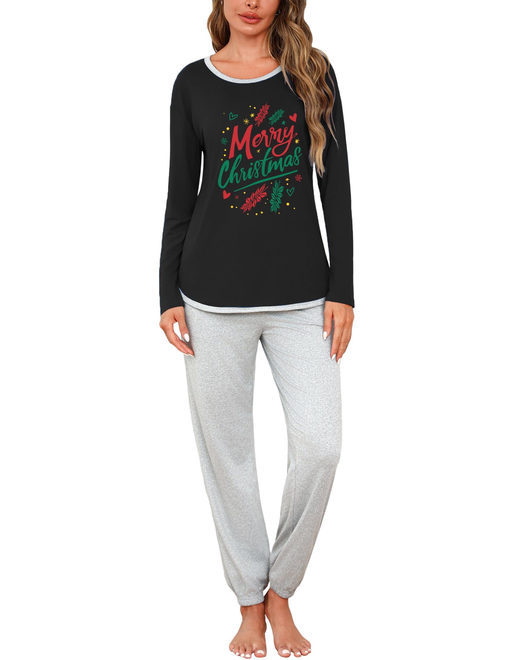 Pyjama Femme Hiver Ensembles de Pyjama à Col Rond 2 Pièces Vêtements de Nuit Doux T-Shirt Manches Longues et Pantalon avec Poches S-XXL