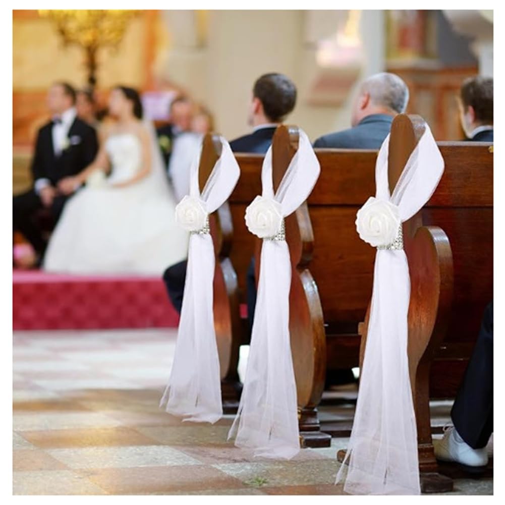 Hochzeitsstuhl Dekorationen Gangdekoration mit Langen Tüllschwänzen und Strass-Wickel Hochzeiten Tüll Dekoration für Kirche Hochzeitszeremonie Brautparty Bankett Gold 36 Set