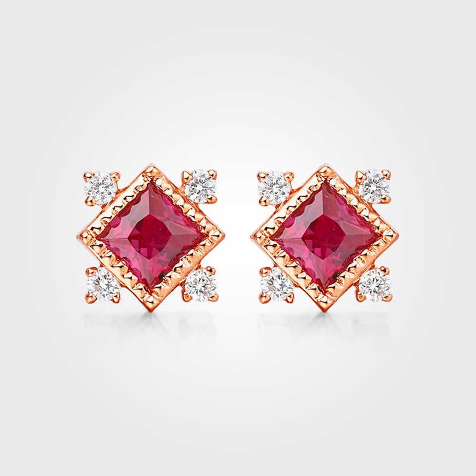 Pendientes de tuerca vintage con rubí rojo de 0,3 quilates y oro rosa de princesa